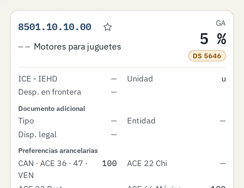 Una subpartida de la 85.01 en el celular, como tarjeta con su GA de 5 % y sus demás valores.