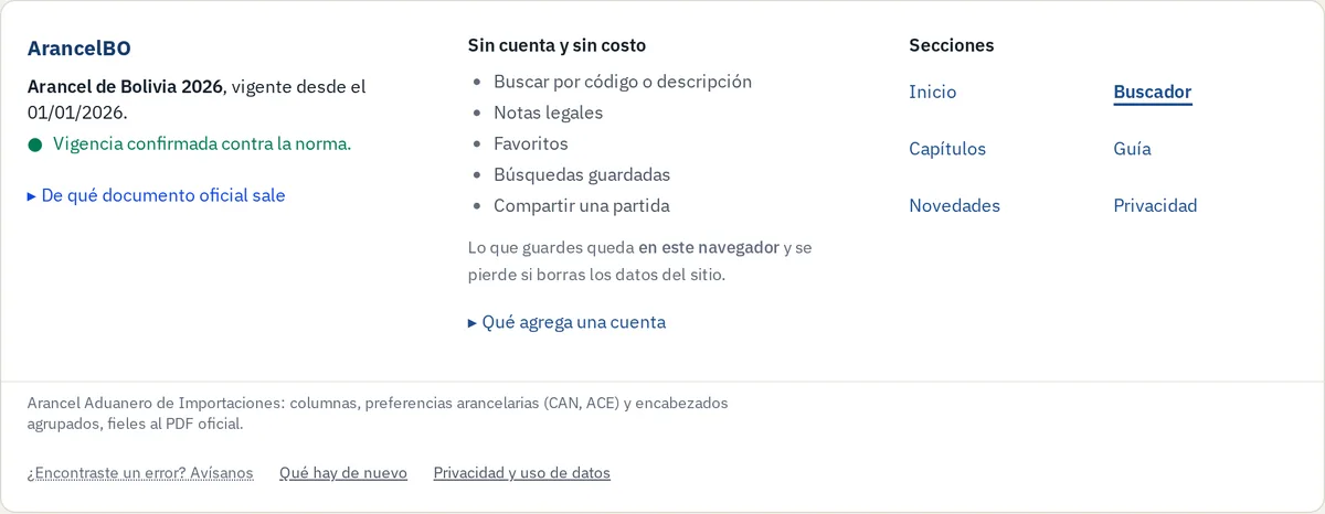 El pie con la edición del arancel y su procedencia, lo que se puede hacer sin cuenta y el enlace para avisar un error.