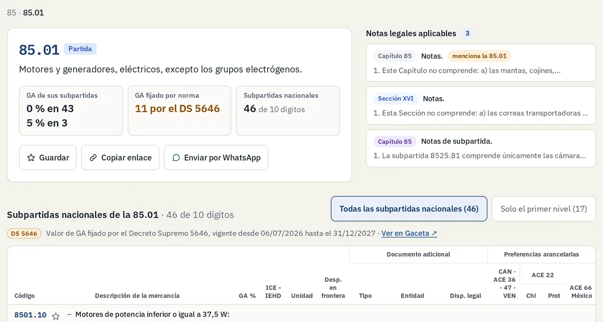 La partida 85.01 con su ficha y, debajo, la tabla de sus subpartidas nacionales con todas las columnas.